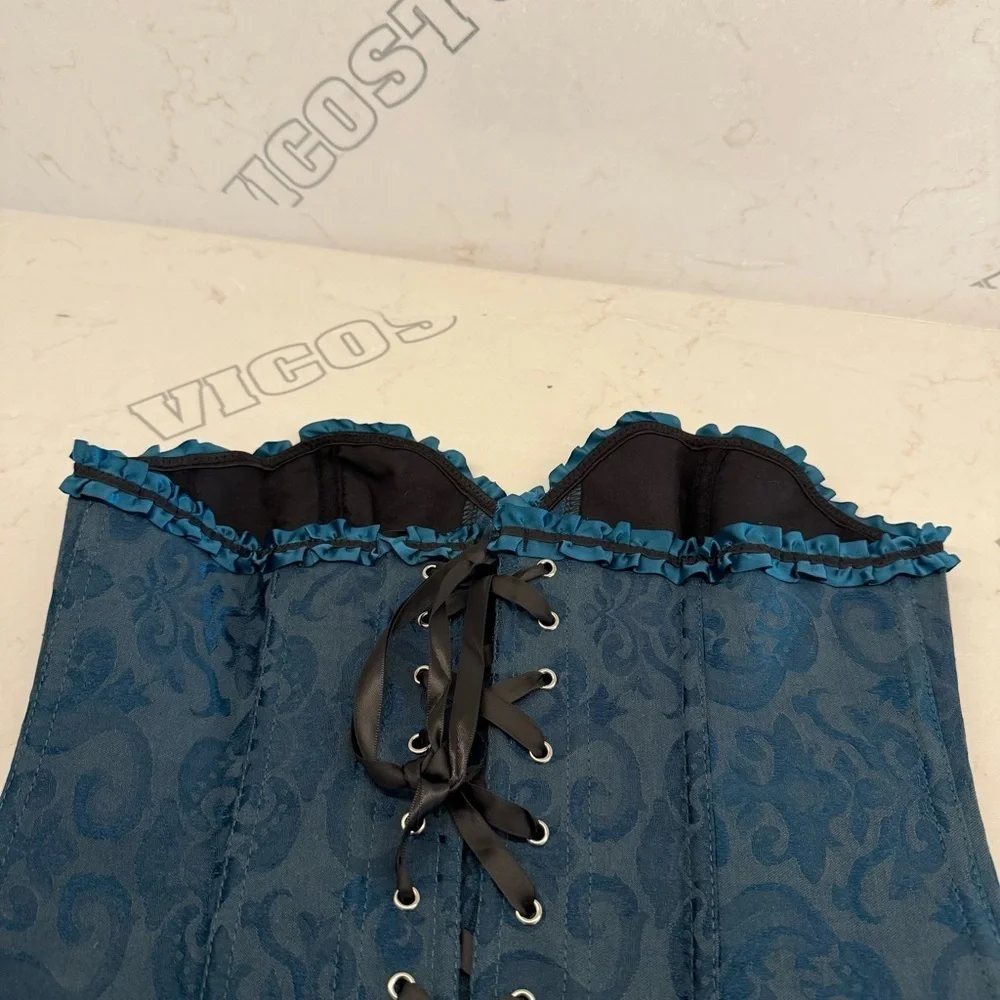 Teal Brocade Corset Top with Black Ribbon Velvety Size L  Whimsigoth Victorian